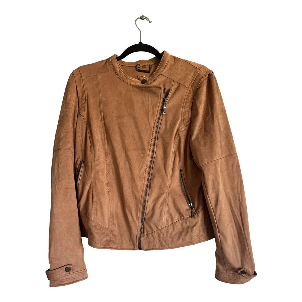 Odyn Faux Suede Tan Fall Winter Chic Asymmetrical Full Zip Jacket Woman's Size M